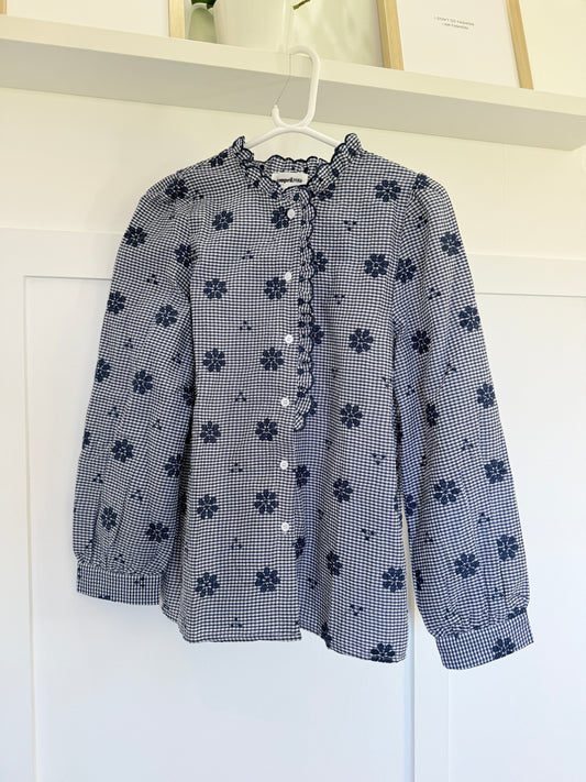 Navy Check Floral Embroidered Blouse