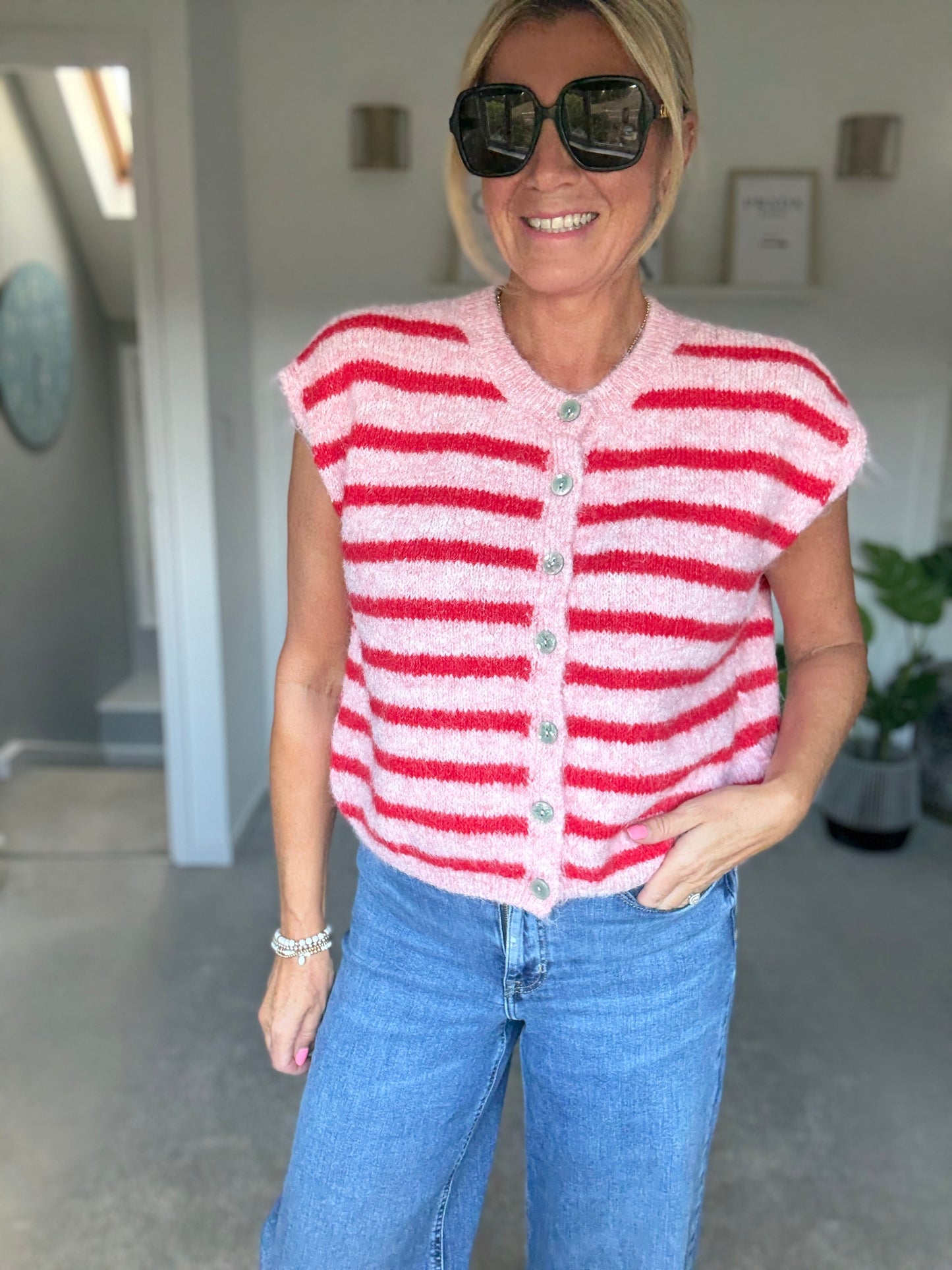 Pink/Red Stripe Sleeveless Cardigan