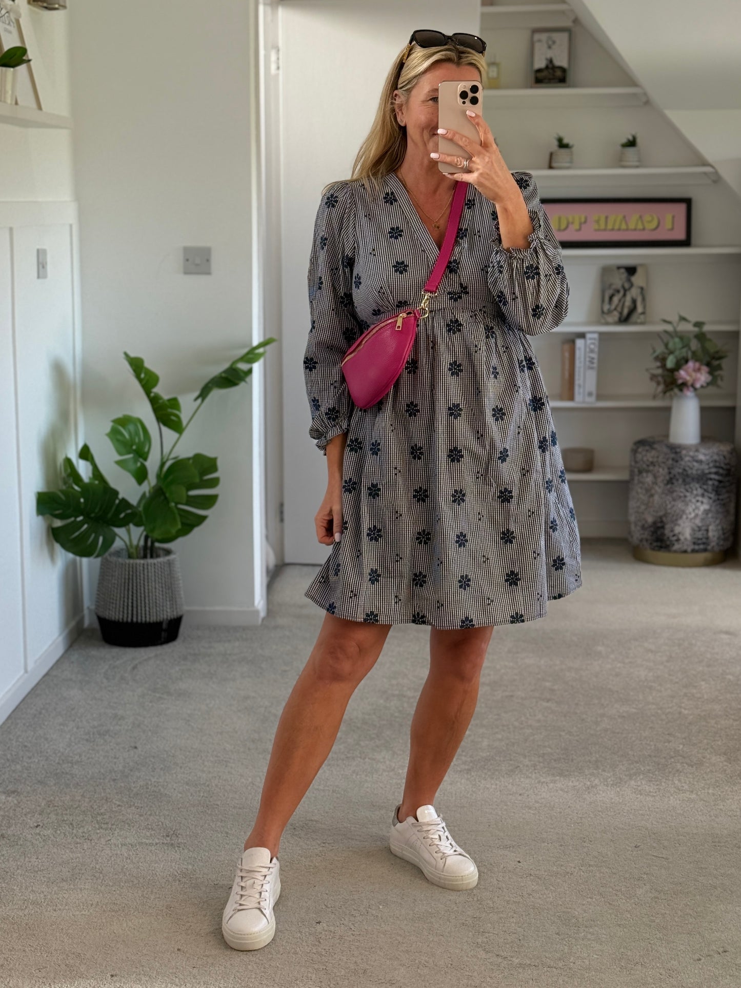 Navy Check Floral Embroidered Dress