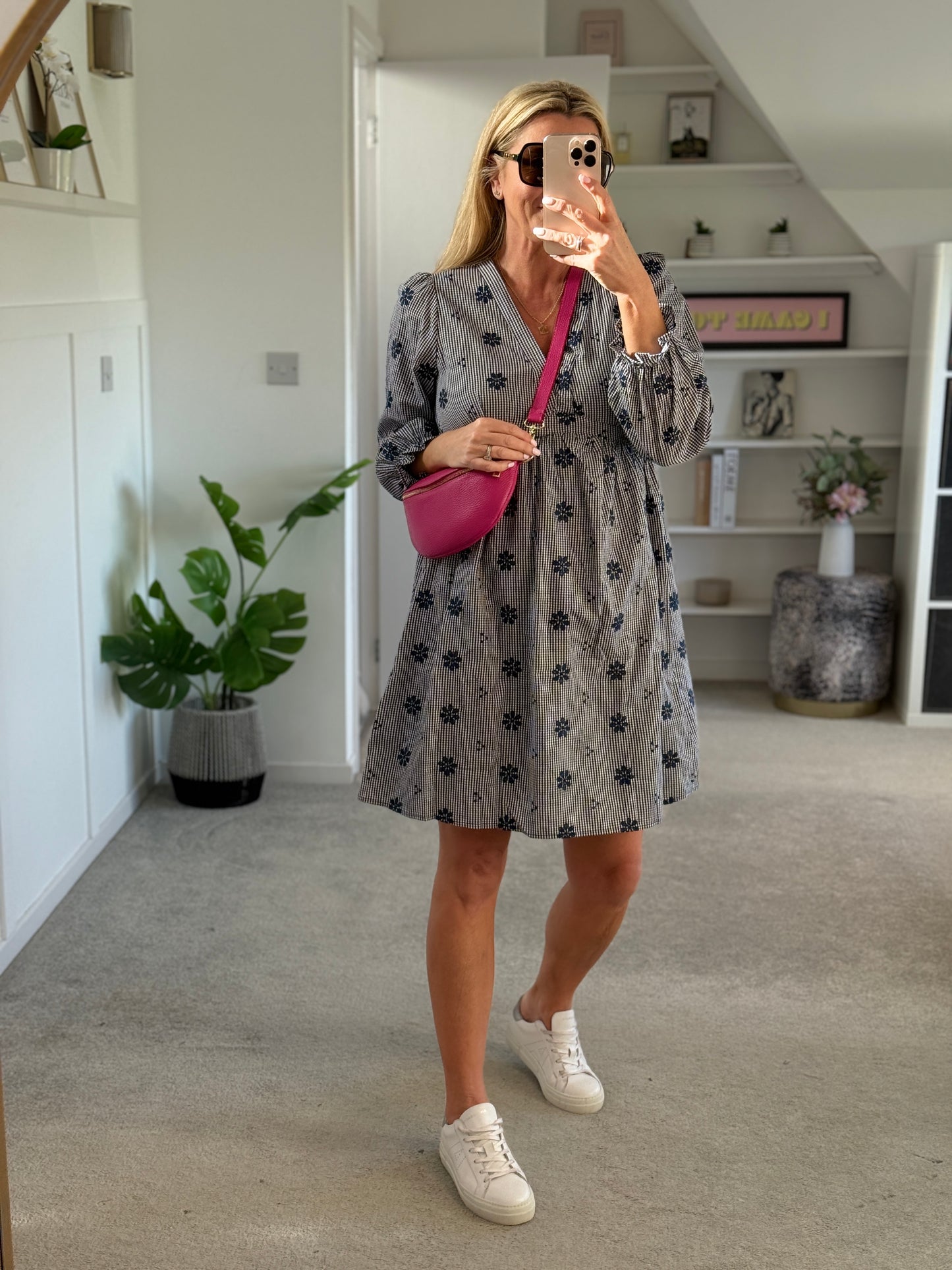 Navy Check Floral Embroidered Dress