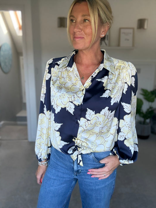 Navy & Cream Silk Mix Floral Shirt