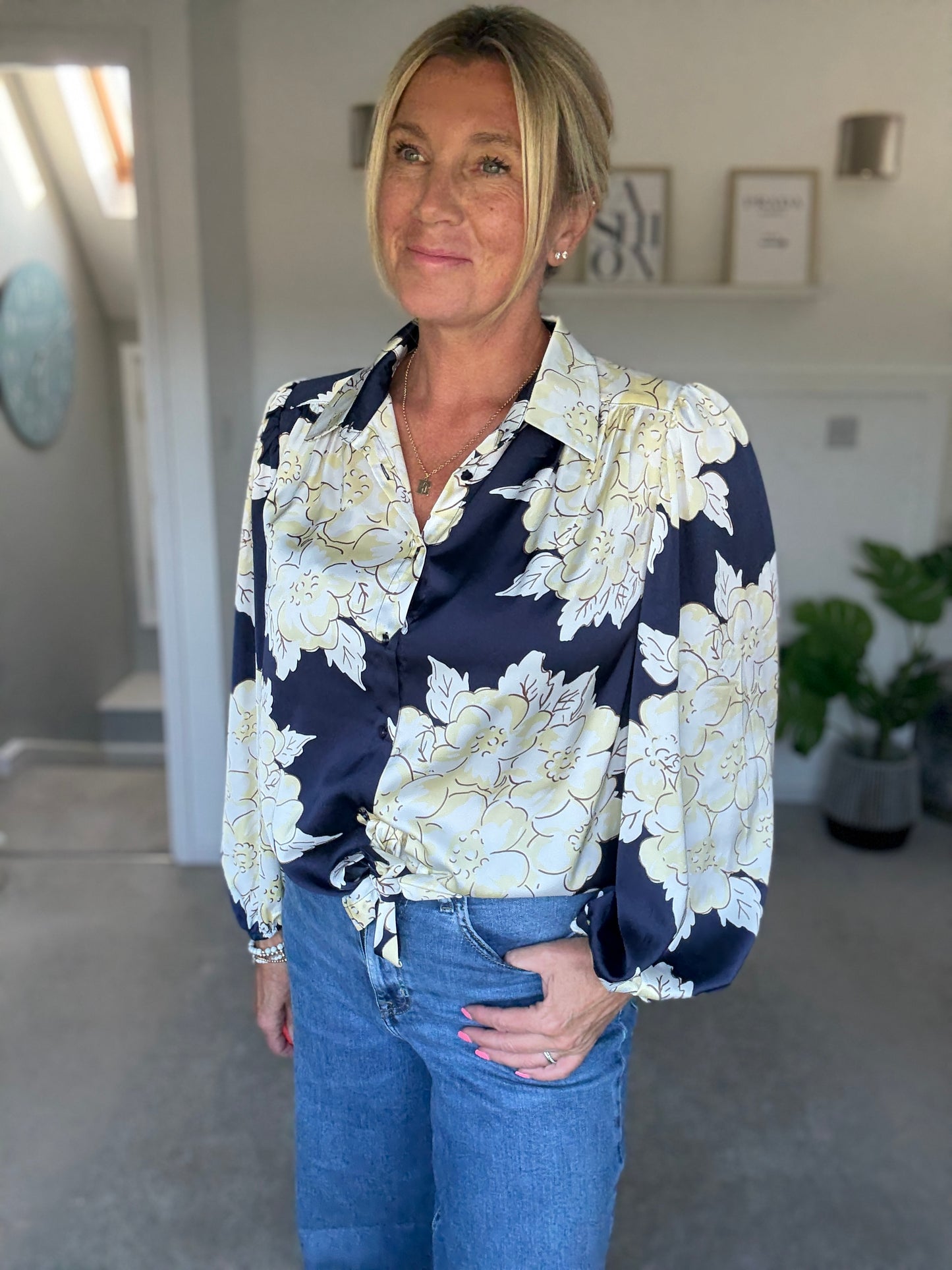 Navy & Cream Silk Mix Floral Shirt