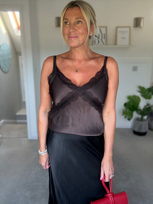 Chocolate Lace Satin Cami Top