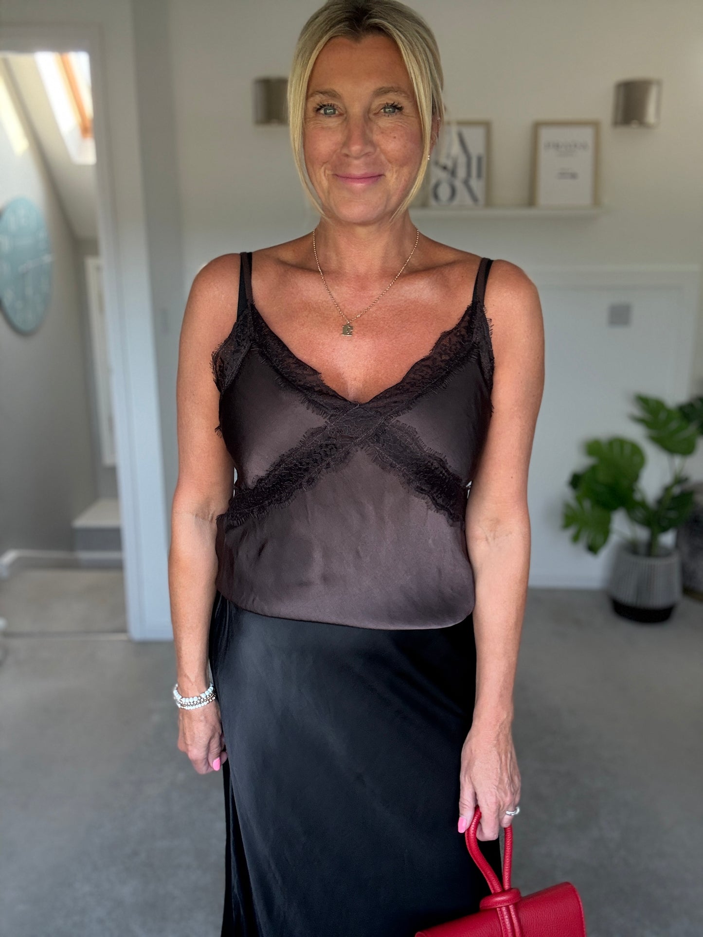 Chocolate Lace Satin Cami Top