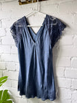 Navy Short Lace Sleeve Silky Top