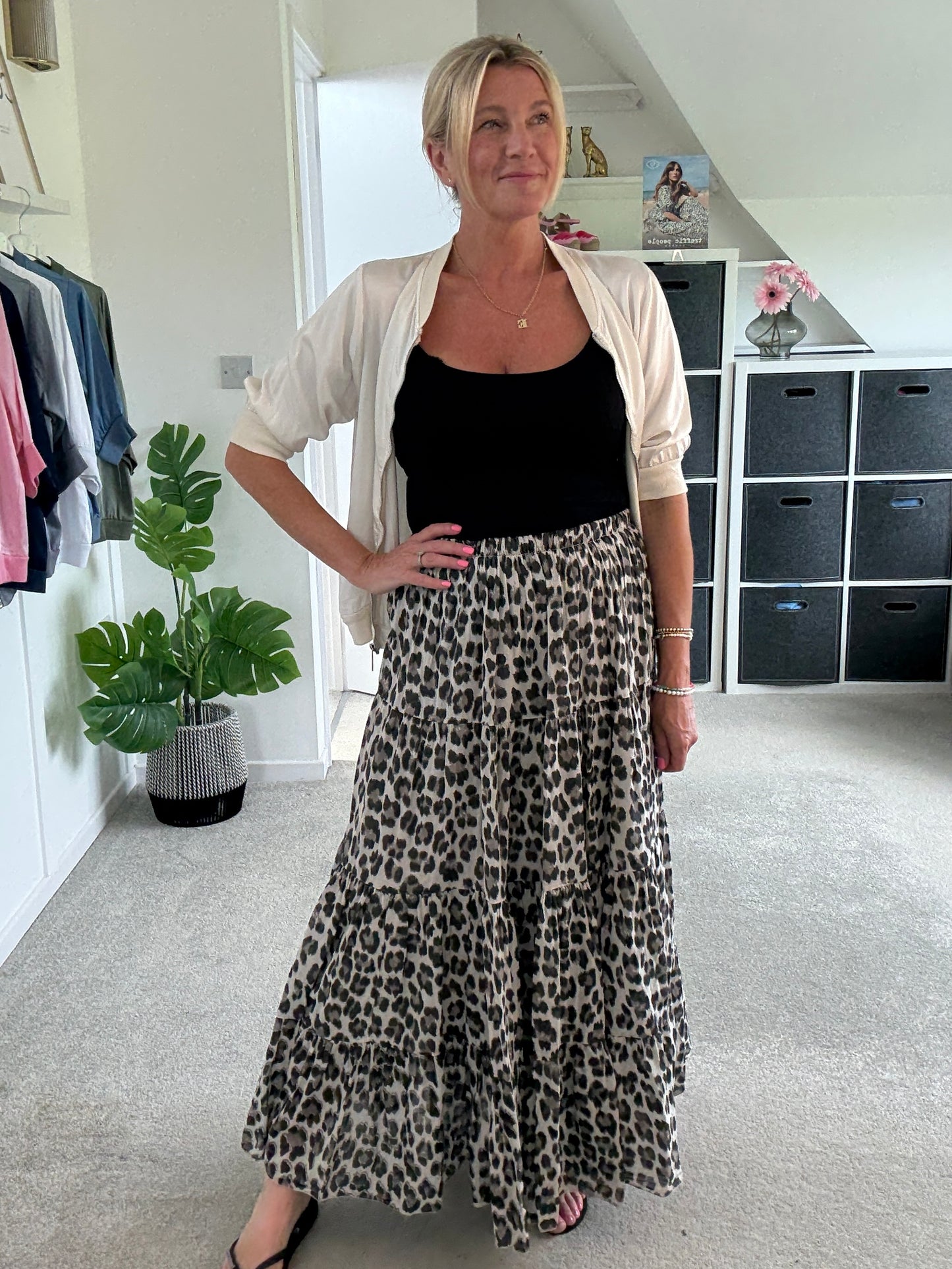 Natural Leopard Tiered Cotton Skirt