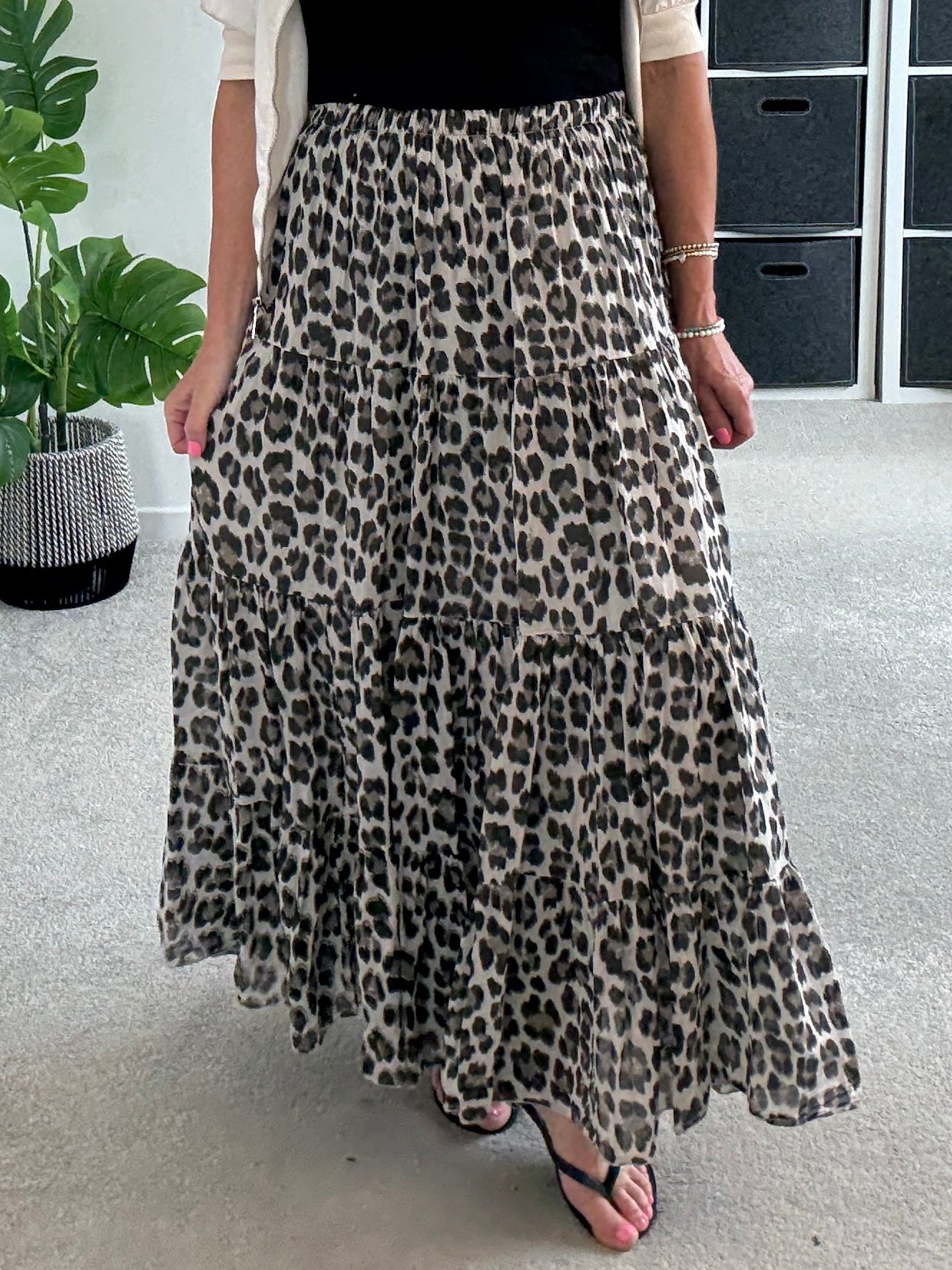 Natural Leopard Tiered Cotton Skirt