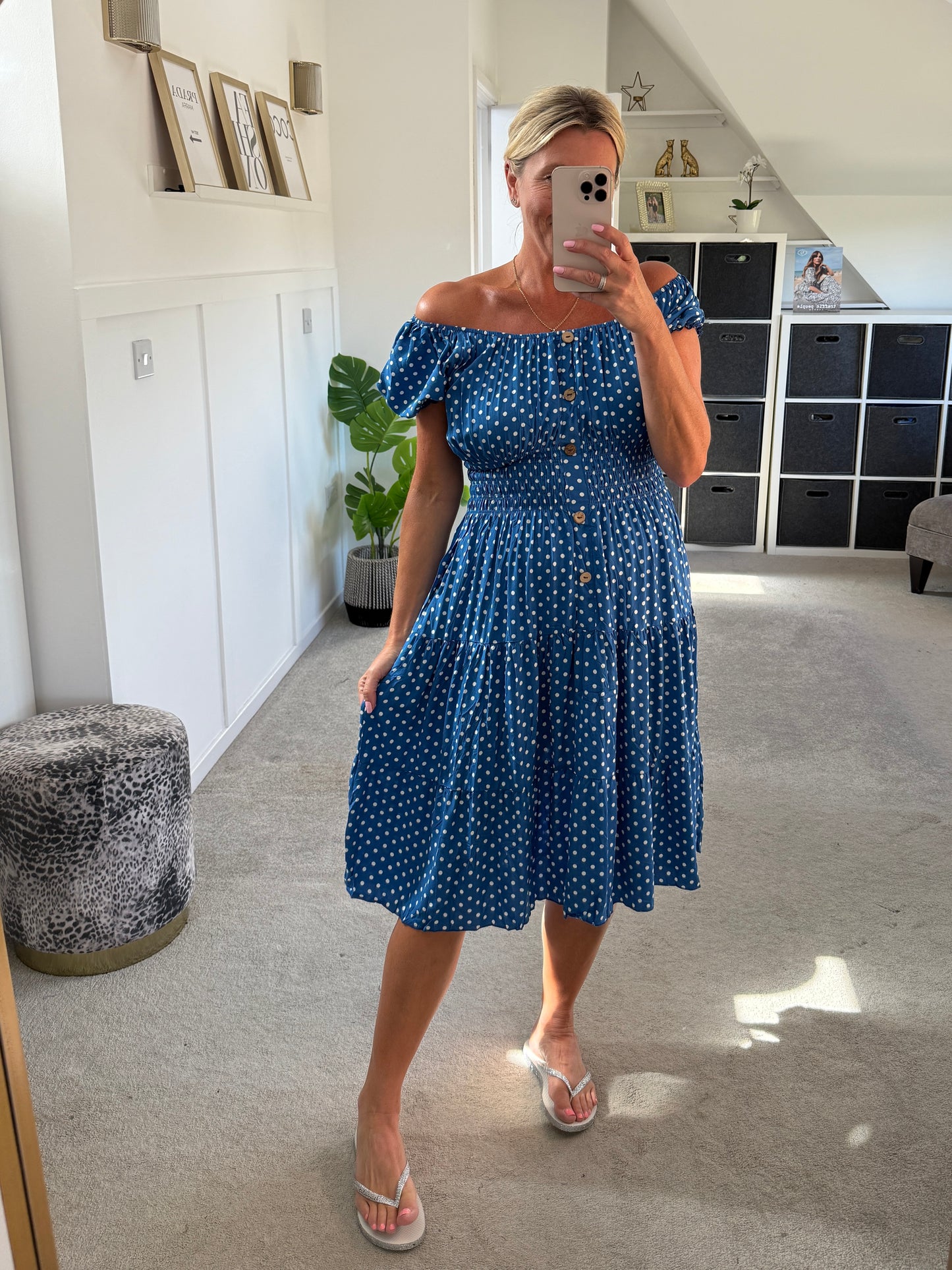Blue Polka Dot Bardot Midi Dress