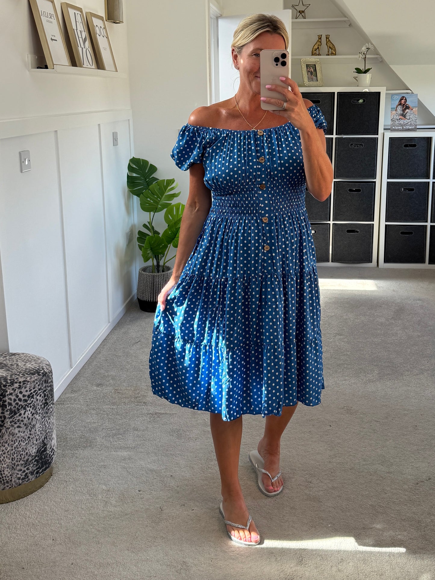 Blue Polka Dot Bardot Midi Dress