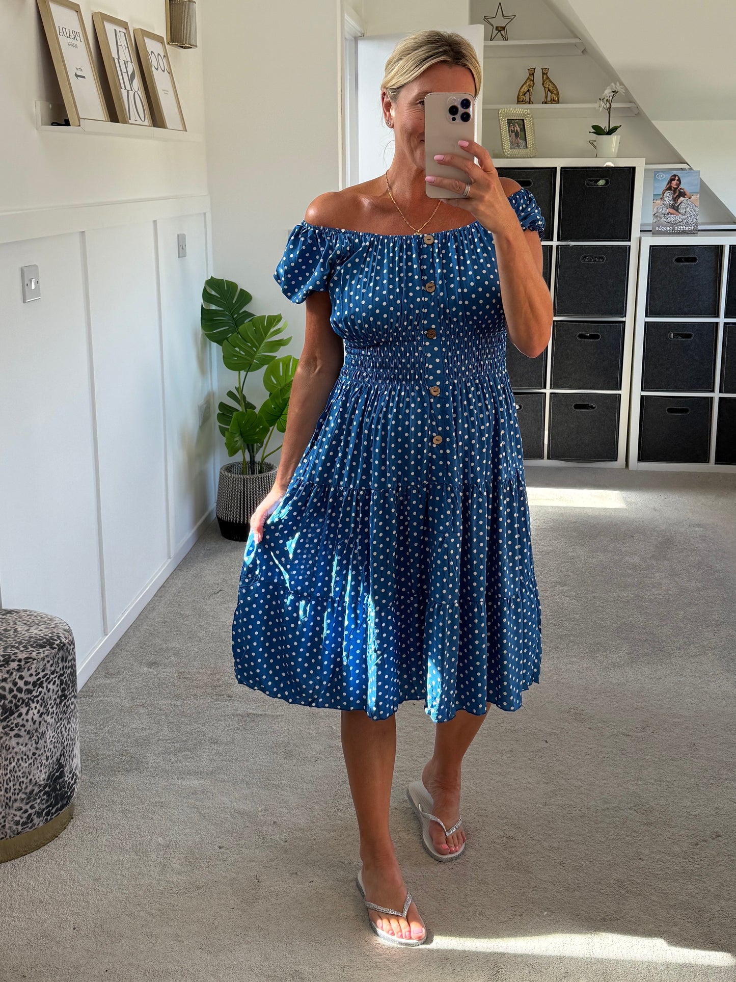 Blue Polka Dot Bardot Midi Dress