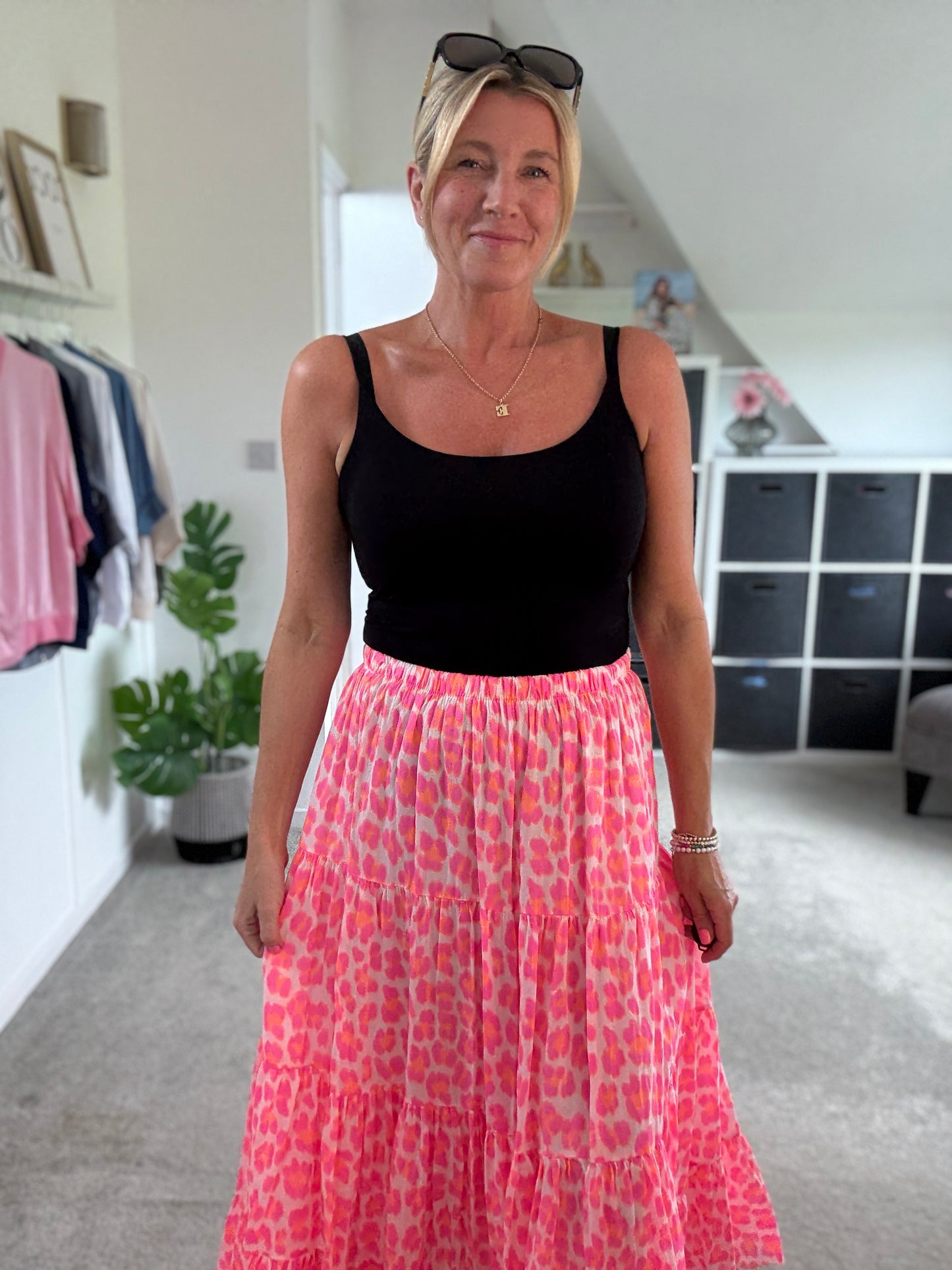 Neon Pink/Orange Leopard Tiered Cotton Skirt