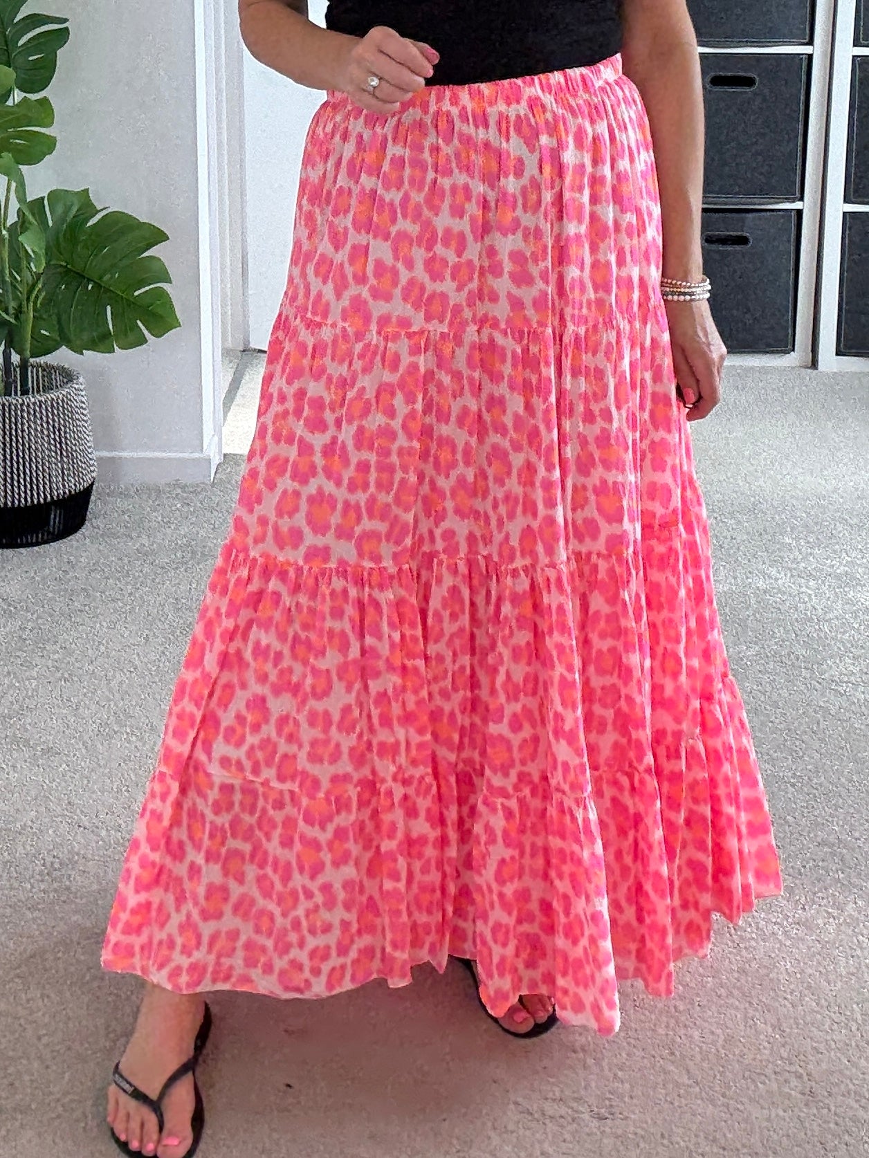 Neon Pink/Orange Leopard Tiered Cotton Skirt