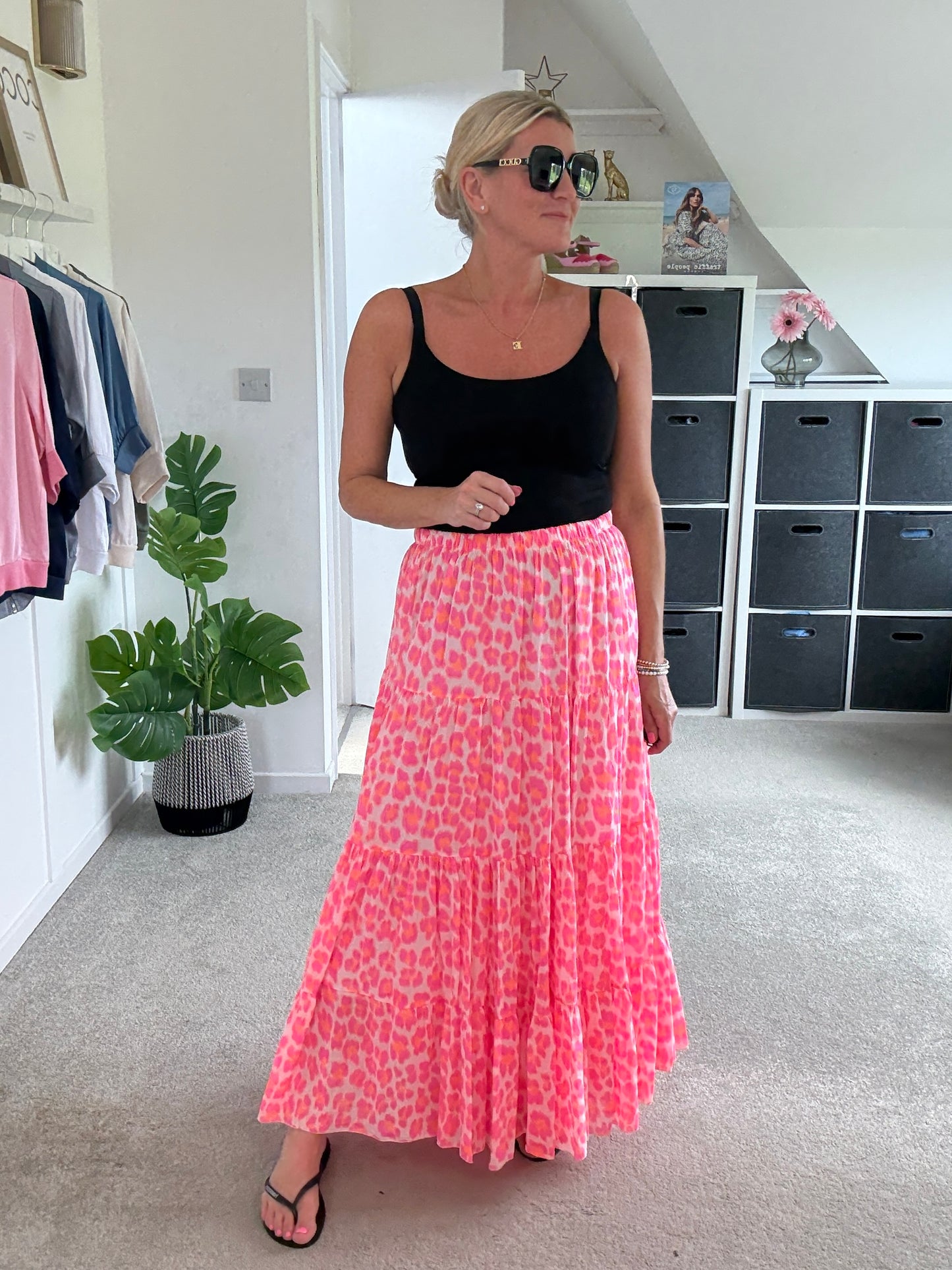 Neon Pink/Orange Leopard Tiered Cotton Skirt