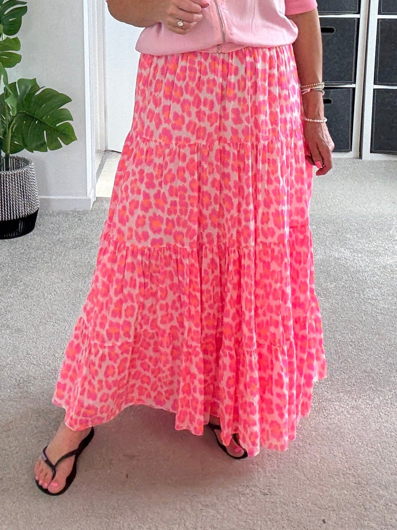Neon Pink/Orange Leopard Tiered Cotton Skirt