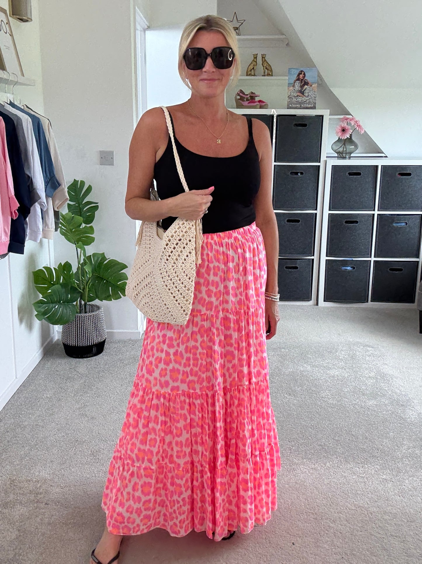 Neon Pink/Orange Leopard Tiered Cotton Skirt