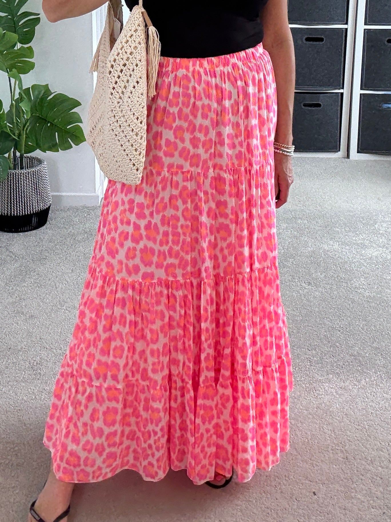 Neon Pink/Orange Leopard Tiered Cotton Skirt