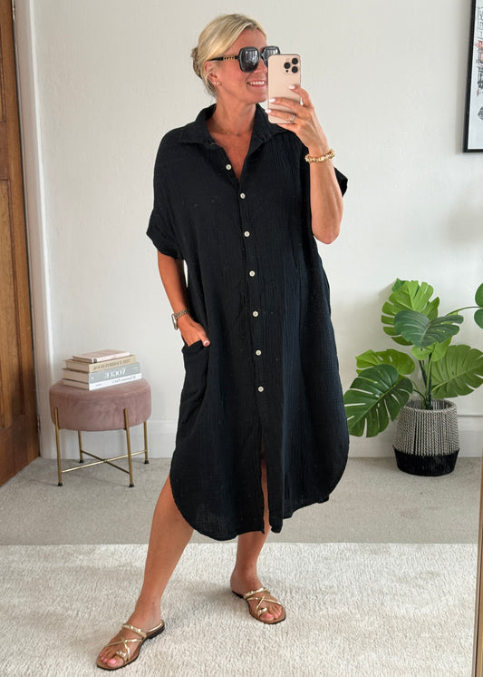 Black Cheesecloth Midi Shirt Dress