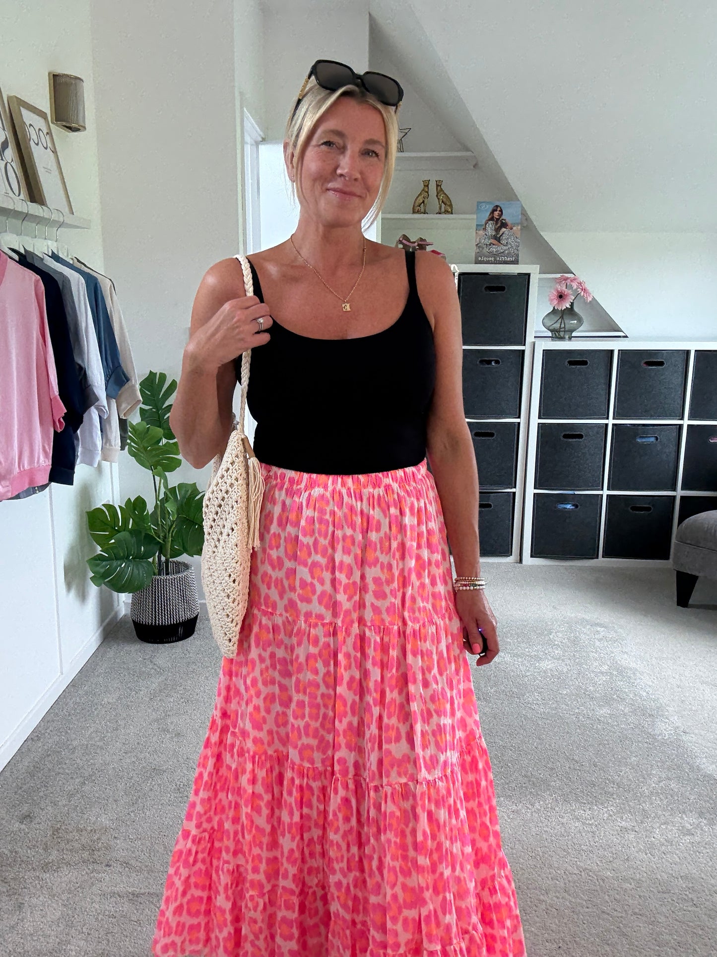 Neon Pink/Orange Leopard Tiered Cotton Skirt