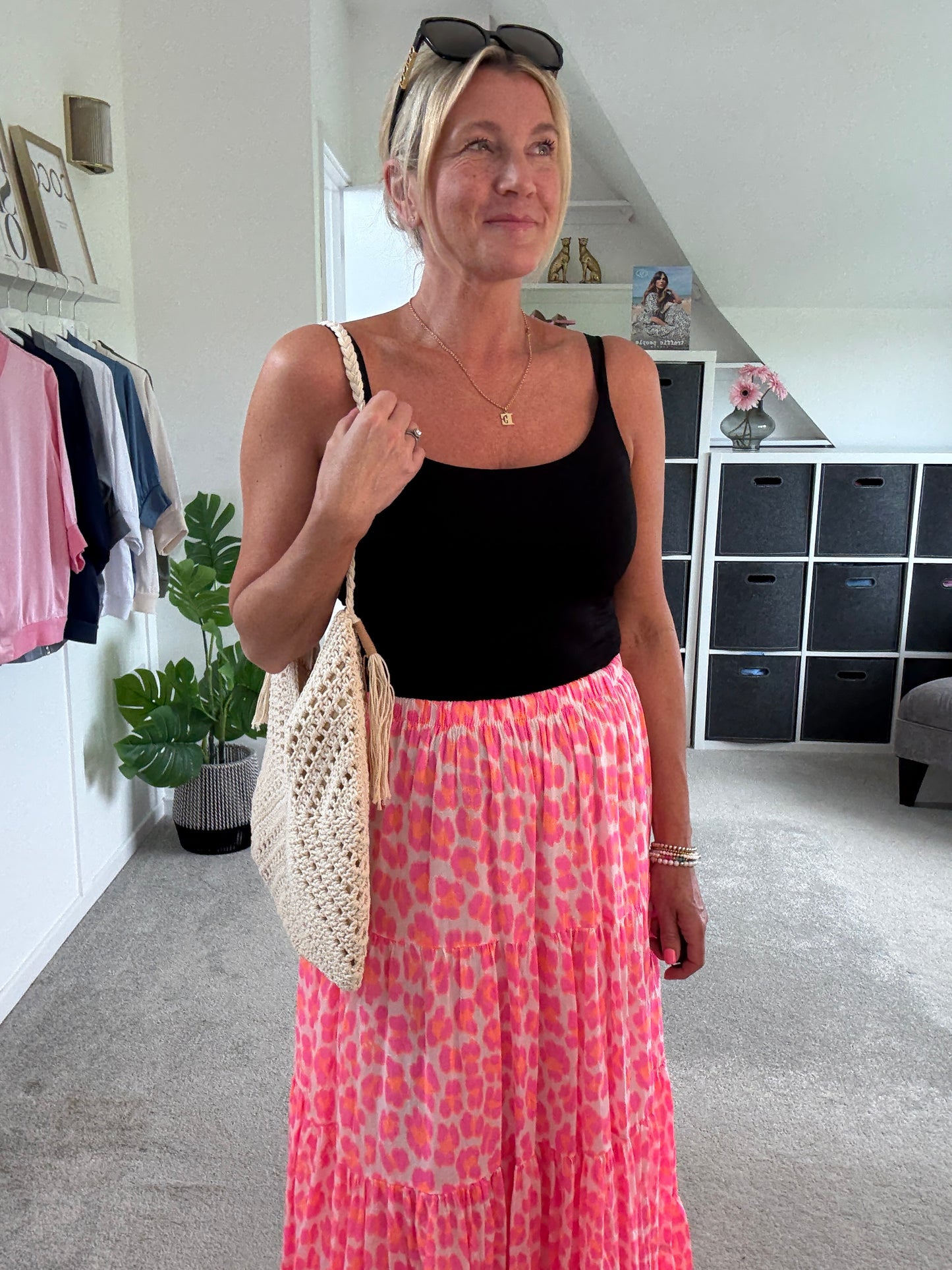Neon Pink/Orange Leopard Tiered Cotton Skirt