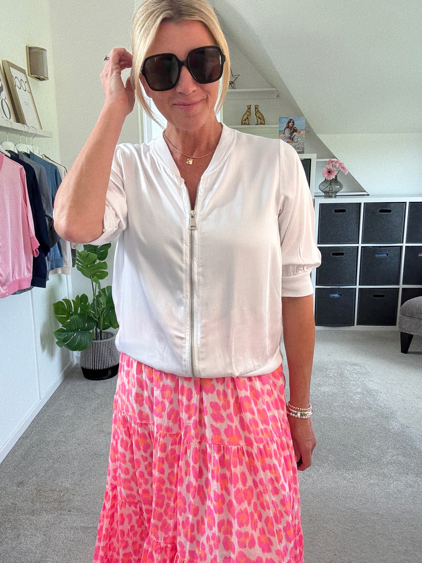White Silk Mix 1/2 Sleeve Bomber Jacket