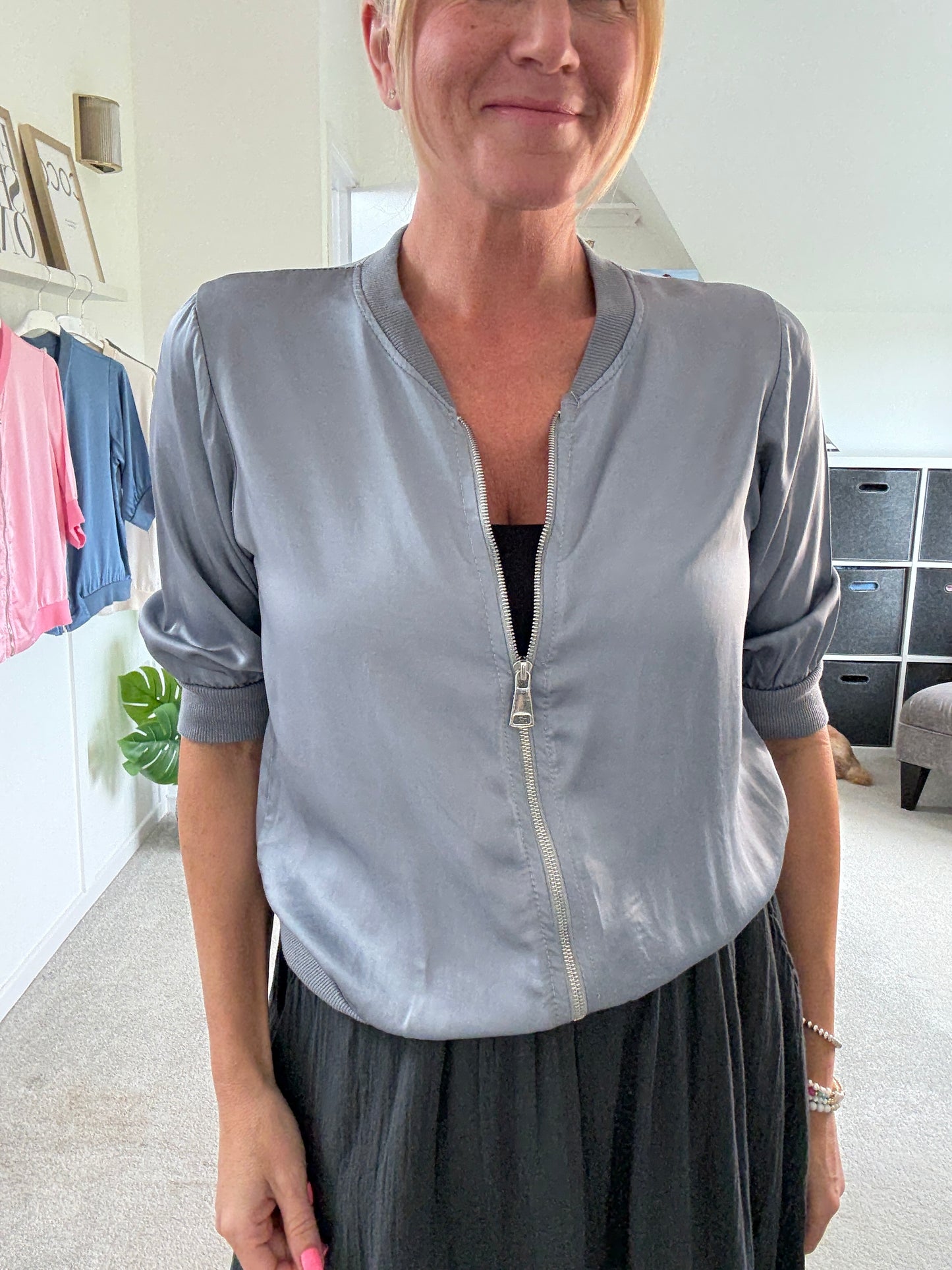 Silver Grey Silk Mix 1/2 Sleeve Bomber Jacket