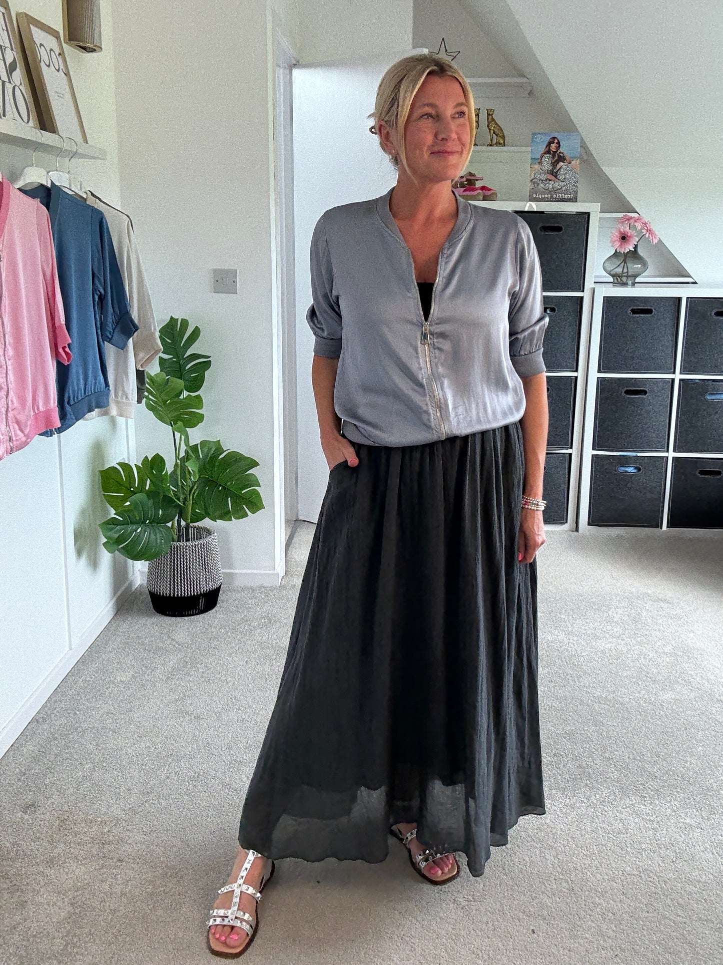 Charcoal Grey Cotton Pocket Maxi Skirt