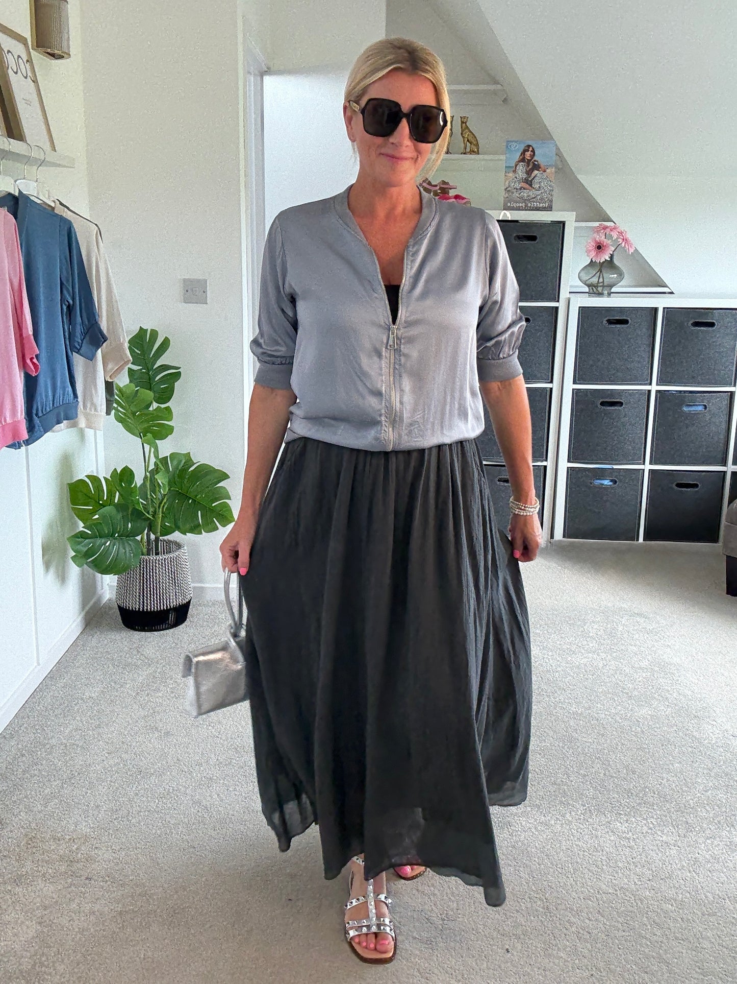 Charcoal Grey Cotton Pocket Maxi Skirt