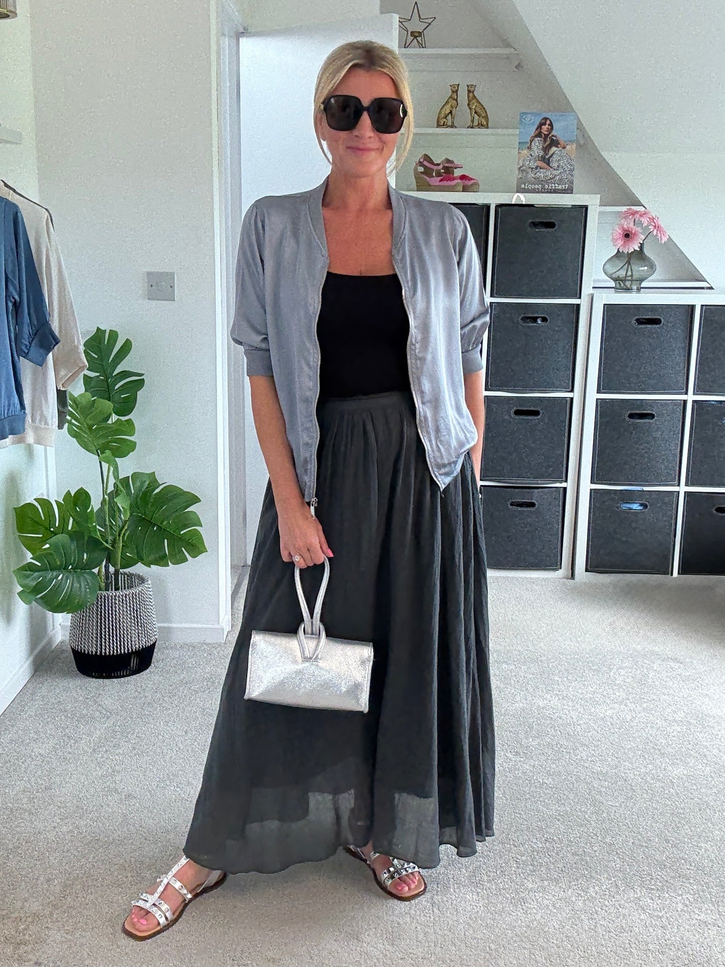 Charcoal Grey Cotton Pocket Maxi Skirt