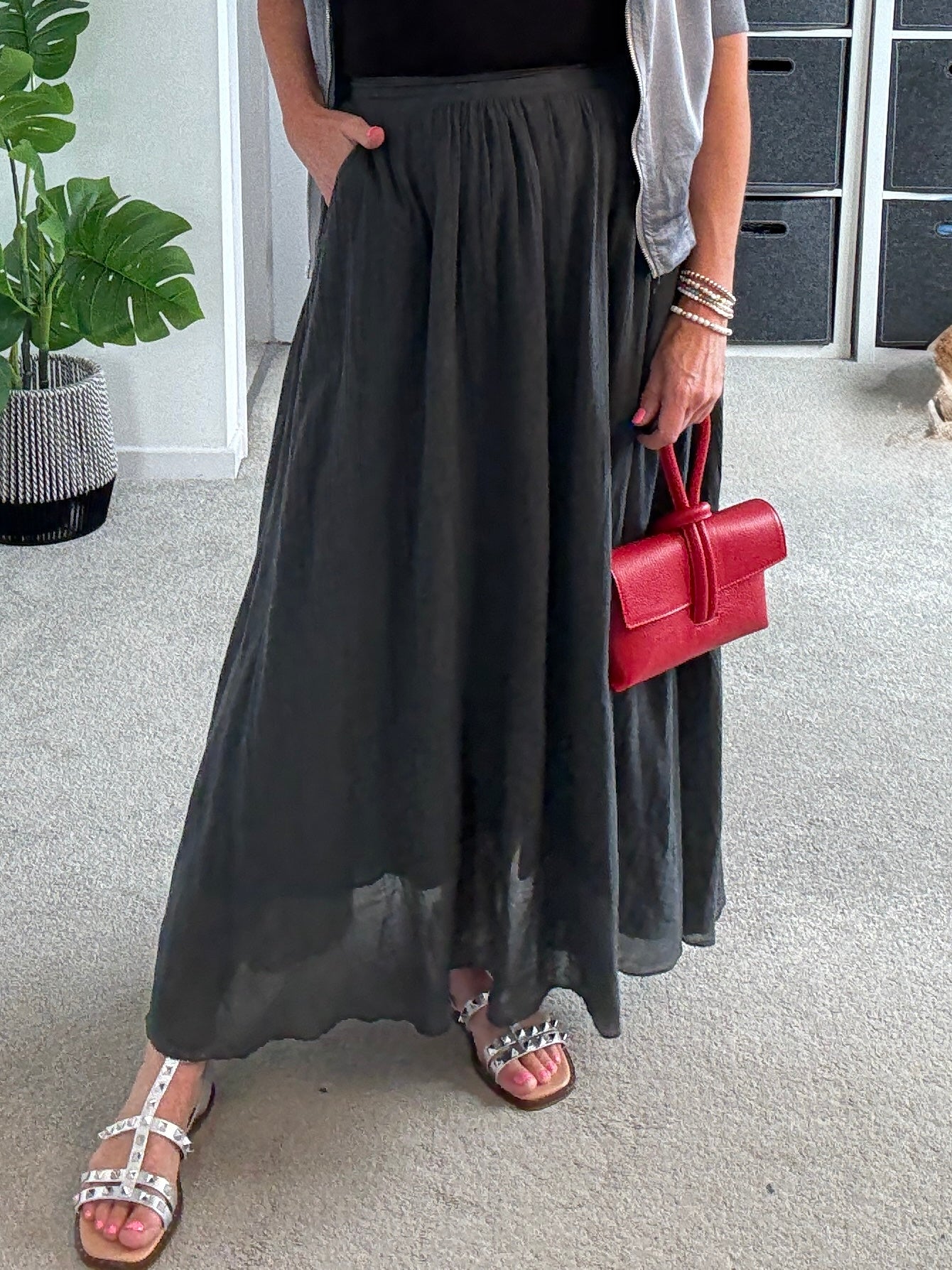 Charcoal Grey Cotton Pocket Maxi Skirt