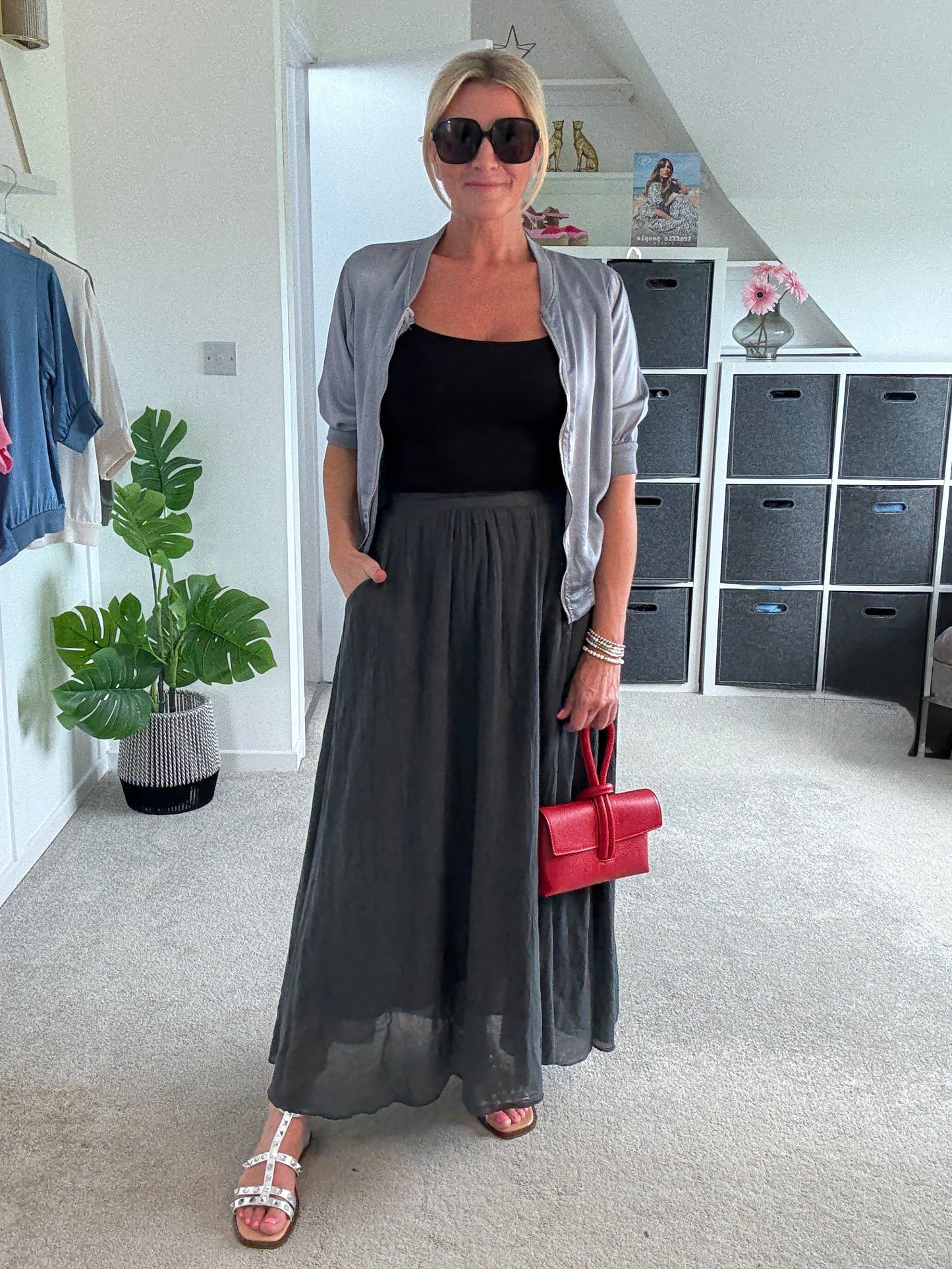 Charcoal Grey Cotton Pocket Maxi Skirt