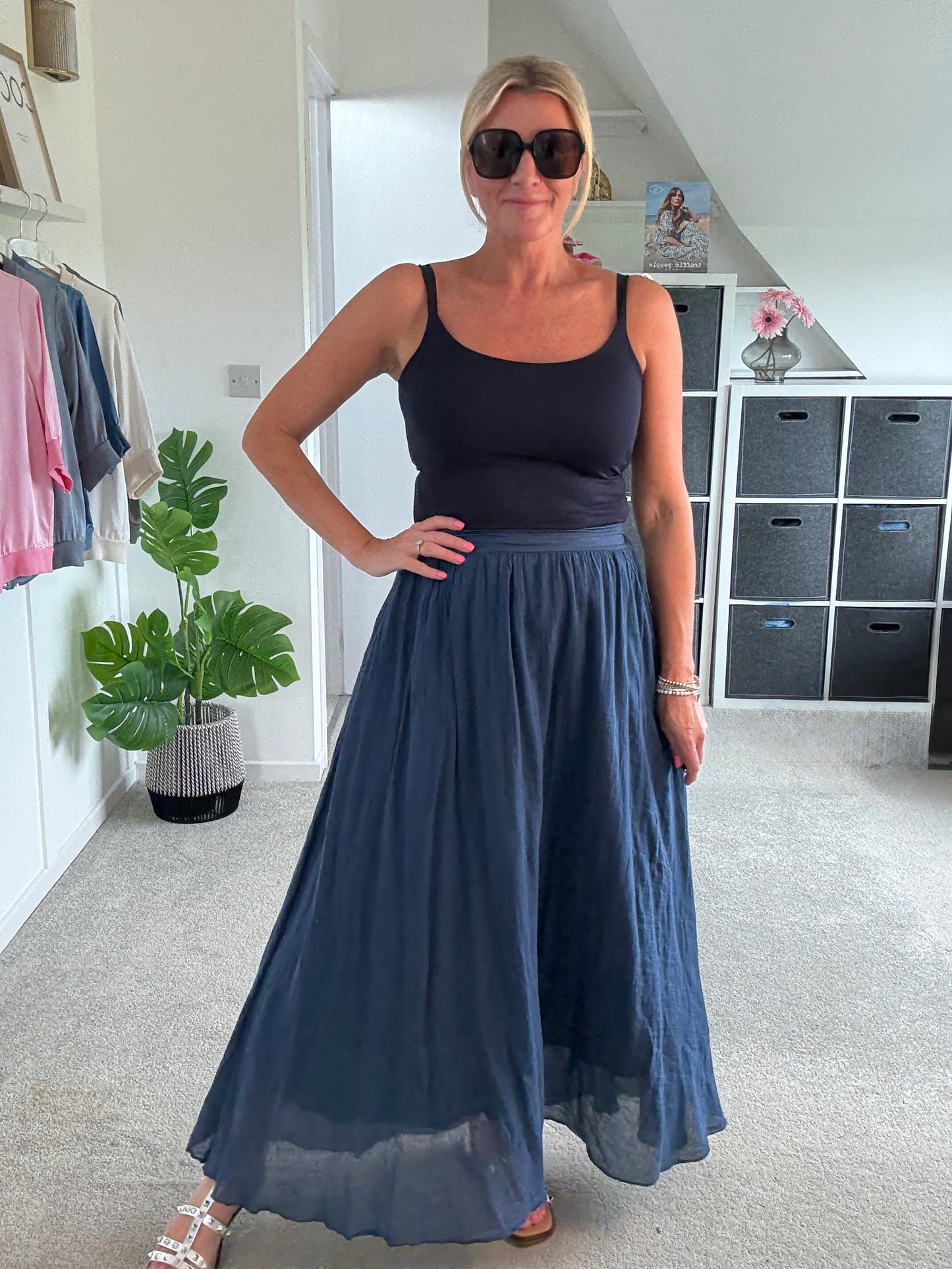 Navy Cotton Pocket Maxi Skirt