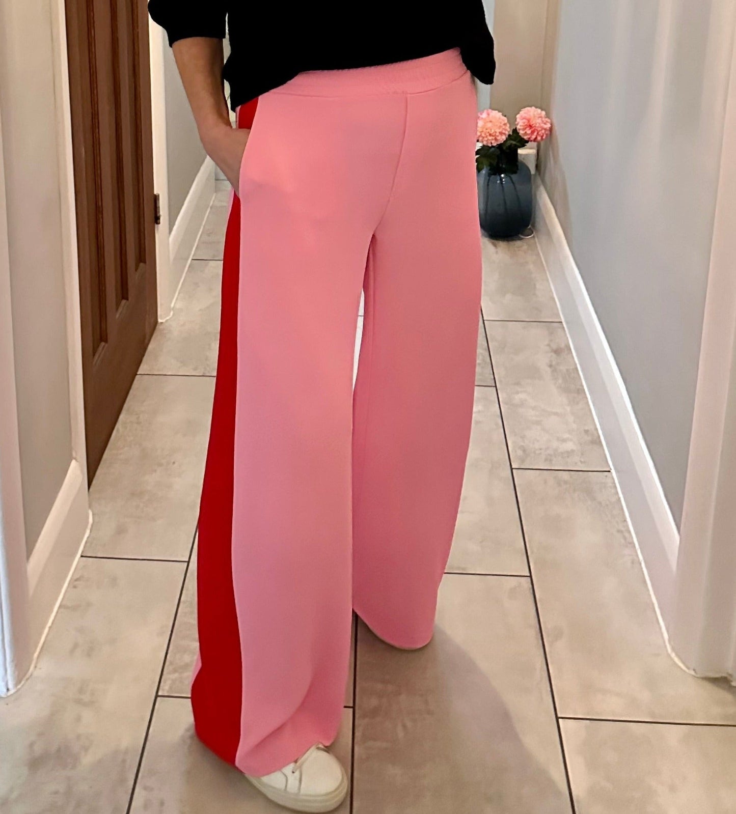 Camel/Black Stripe Wide Leg Trousers
