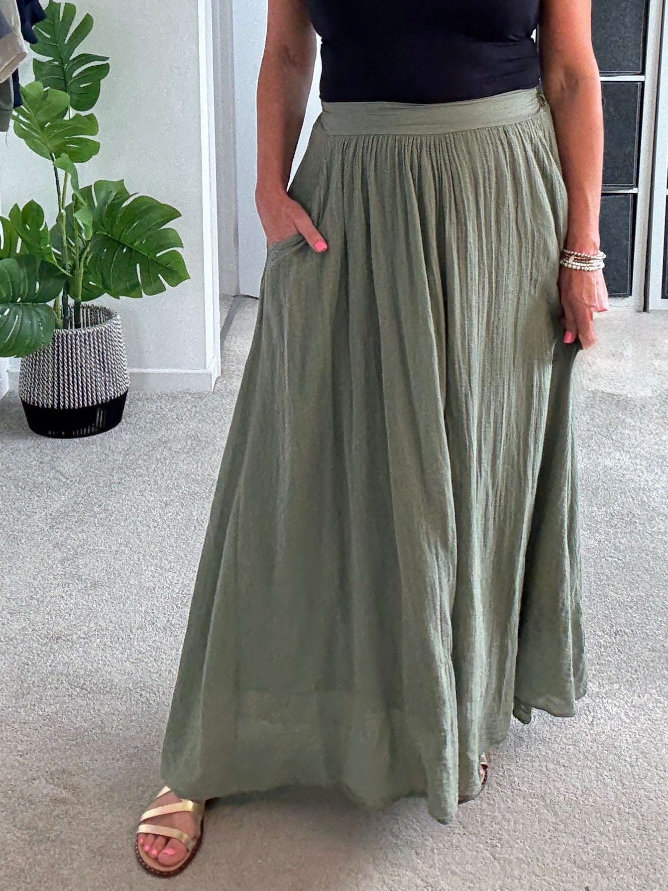 Khaki Cotton Pocket Maxi Skirt