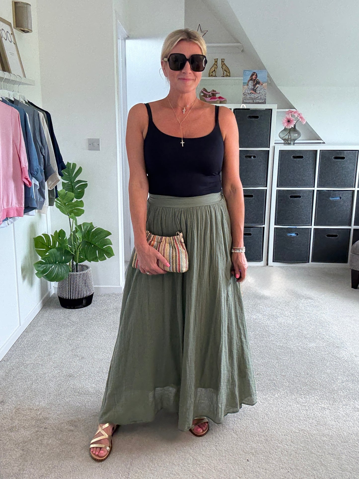 Khaki Cotton Pocket Maxi Skirt