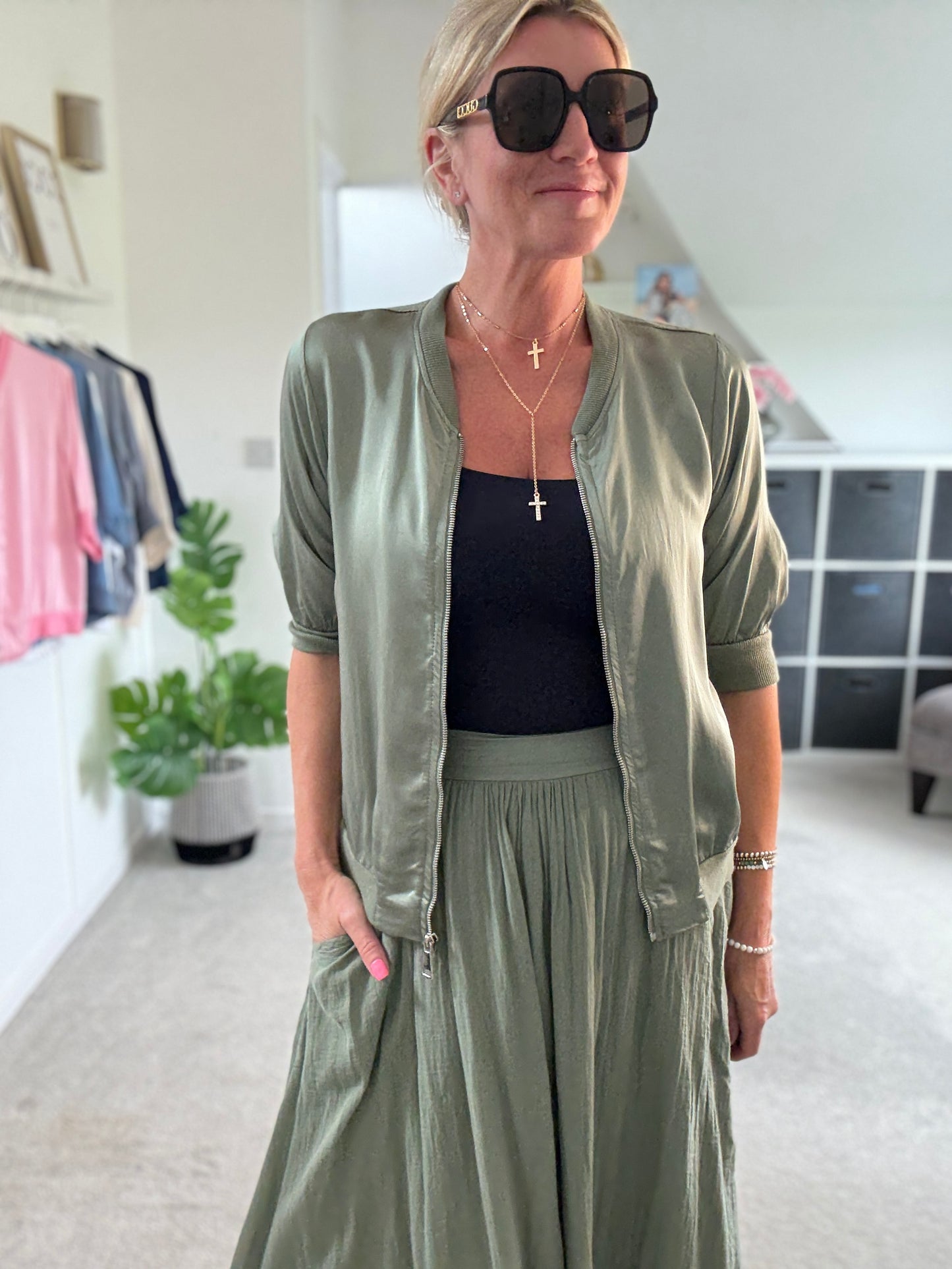 Khaki Silk Mix 1/2 Sleeve Bomber Jacket