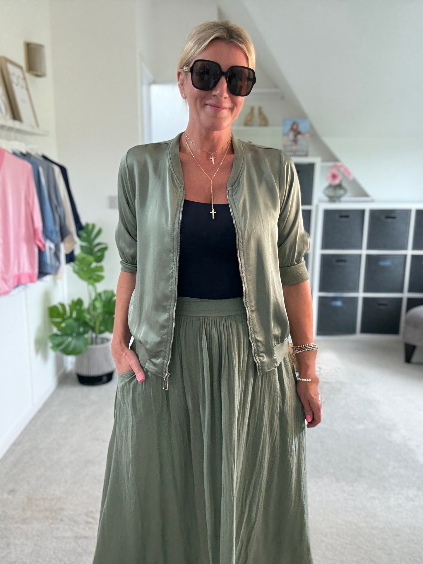 Khaki Silk Mix 1/2 Sleeve Bomber Jacket