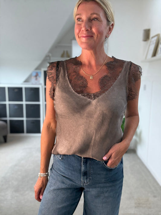 Satin/Lace V Neck Top