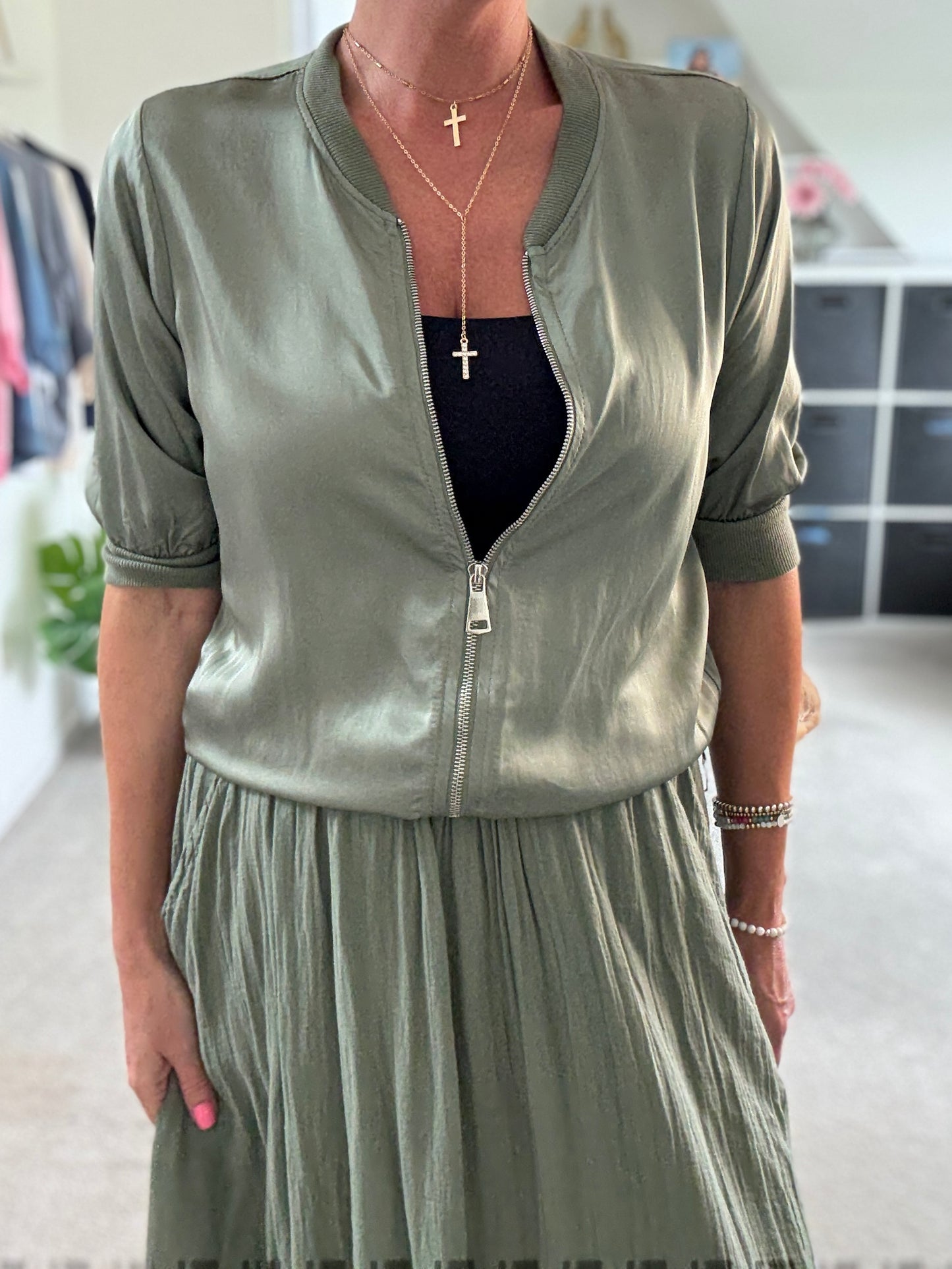 Khaki Silk Mix 1/2 Sleeve Bomber Jacket