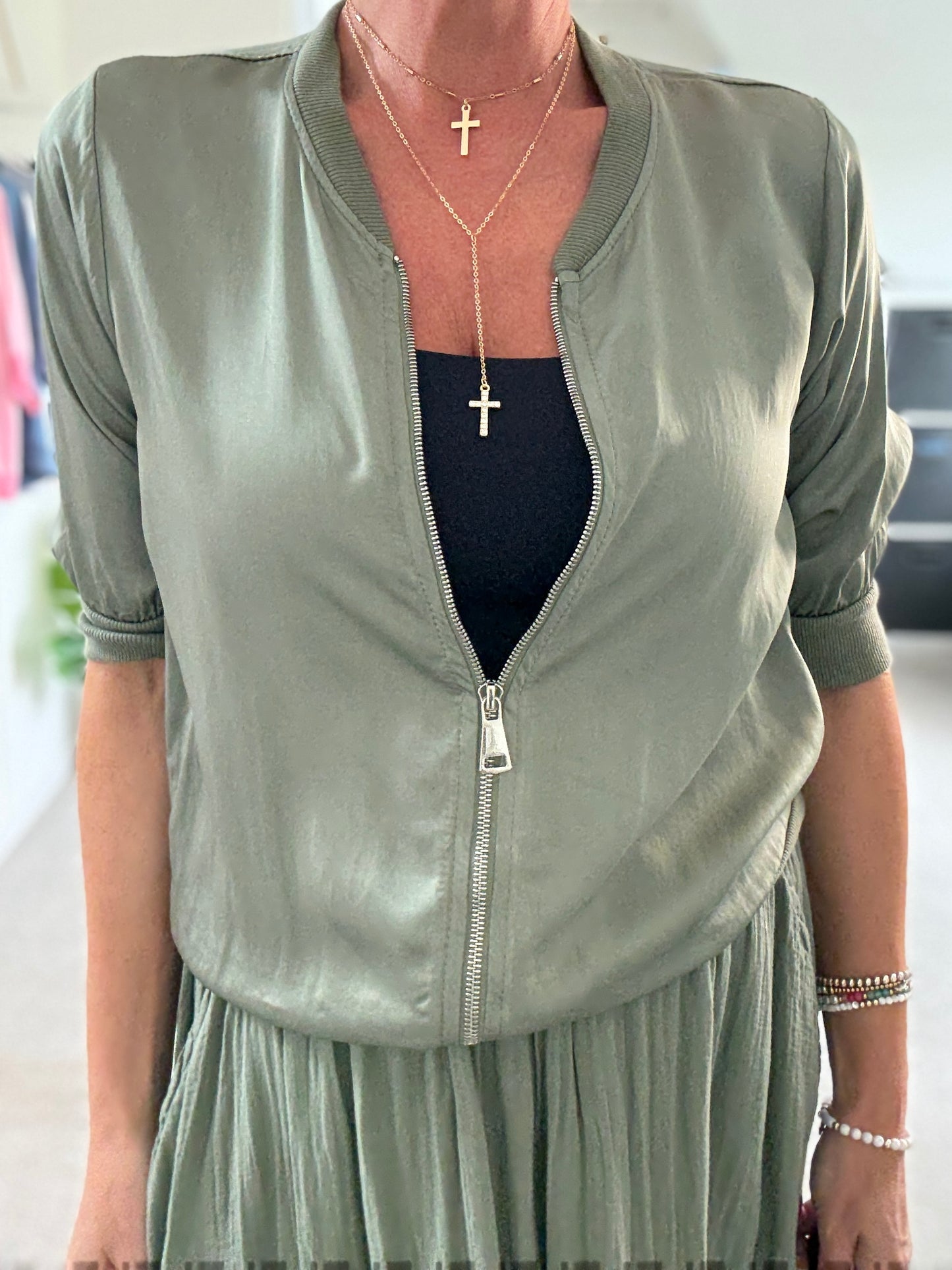 Khaki Silk Mix 1/2 Sleeve Bomber Jacket