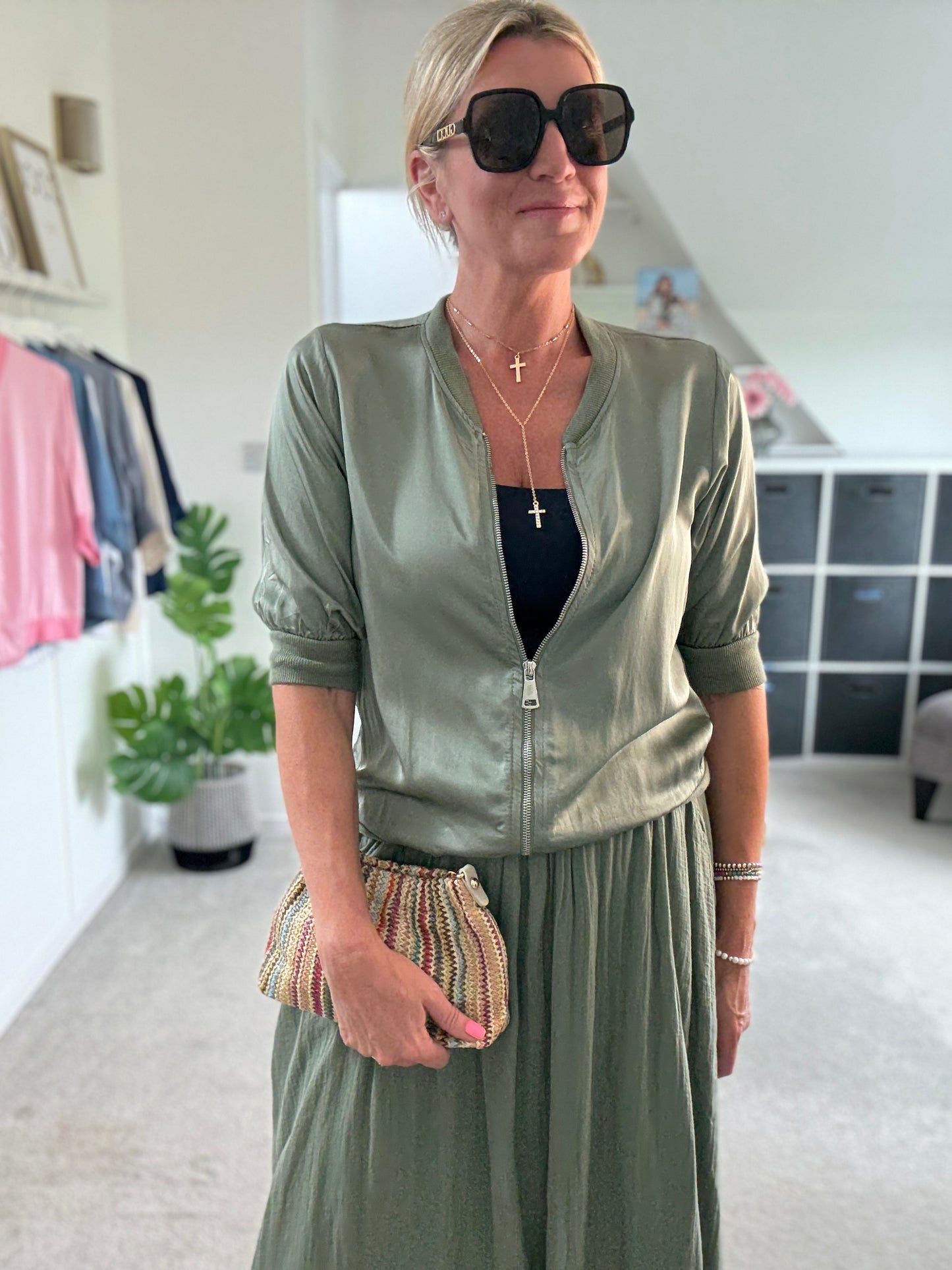 Khaki Silk Mix 1/2 Sleeve Bomber Jacket