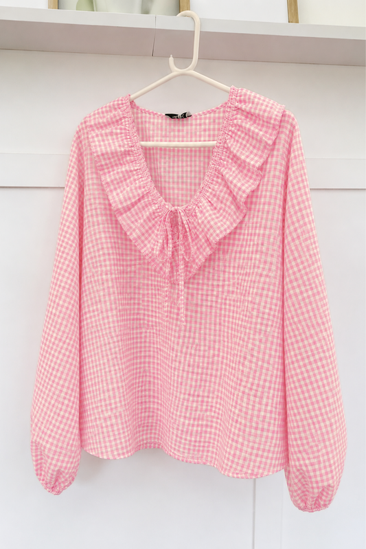 Pink Gingham Ruffle Blouse
