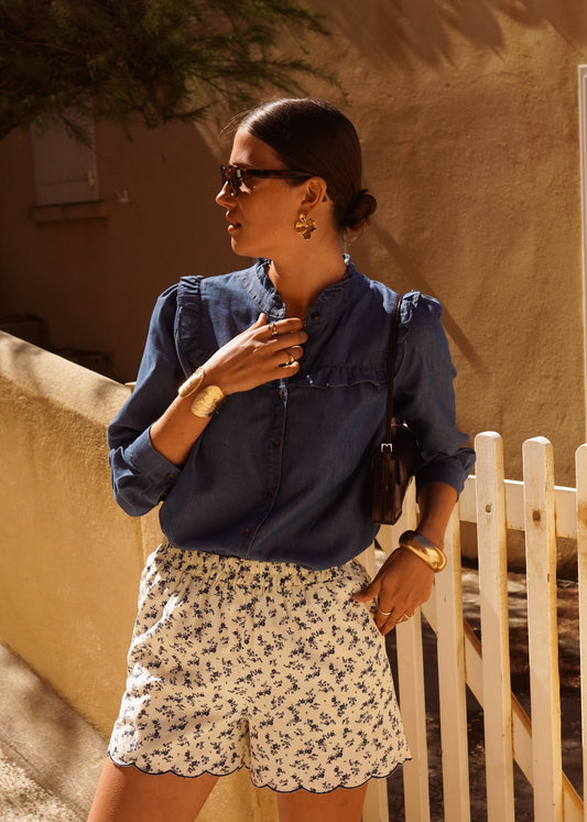 Navy Floral Scalloped Edge Shorts