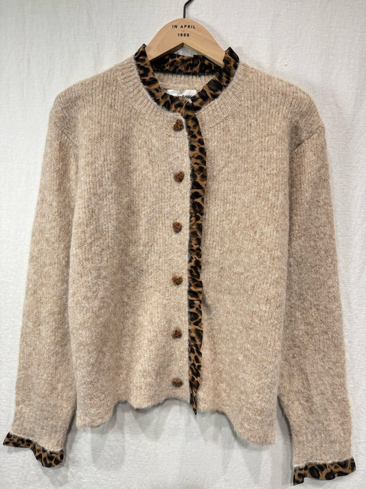 Oatmeal Leopard Trim Crew Neck Cardigan