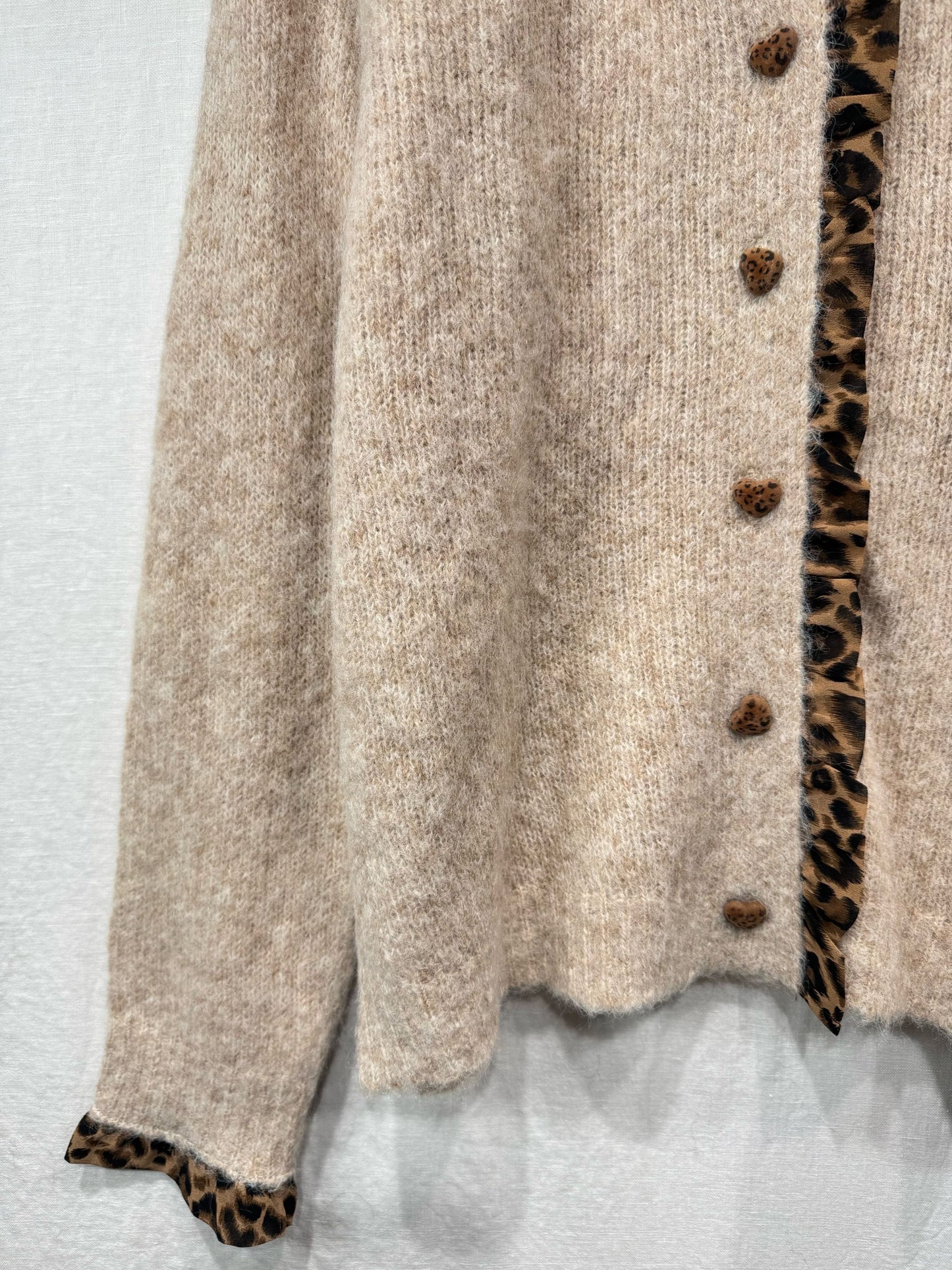 Oatmeal Leopard Trim Crew Neck Cardigan