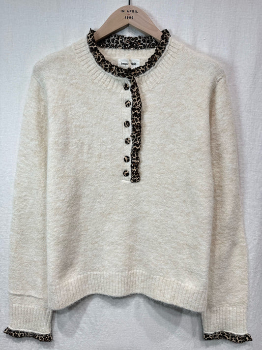 Light Oatmeal Leopard Trim Crew Neck Jumper