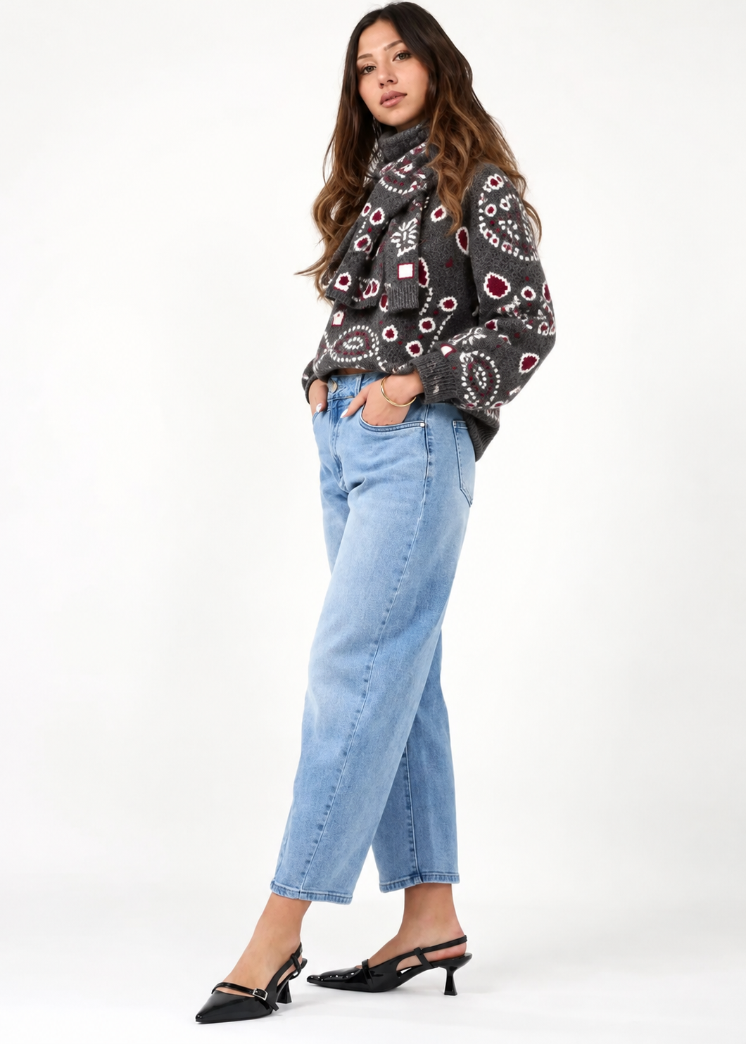 Grey Paisley Knit Jumper with Matching Scarf