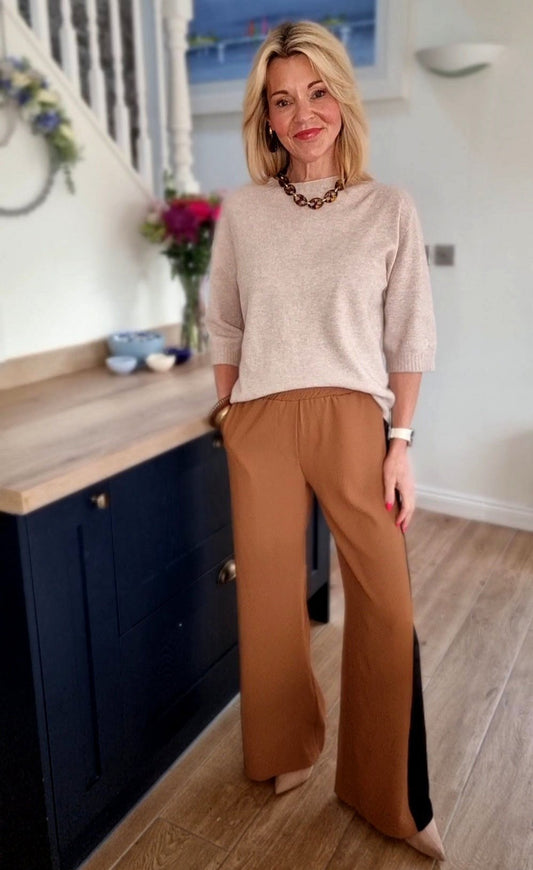 Camel/Black Stripe Wide Leg Trousers