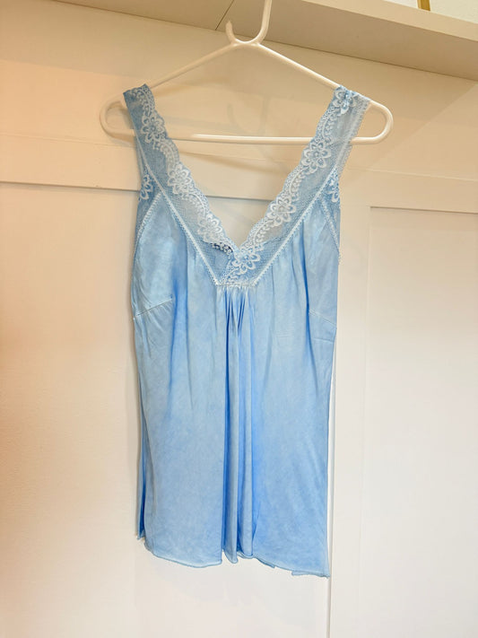 Light Blue Satin/Lace Gathered V Neck Top