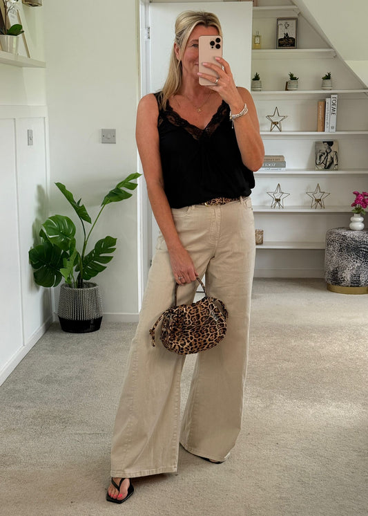 Beige Wide Panel Leg Jeans