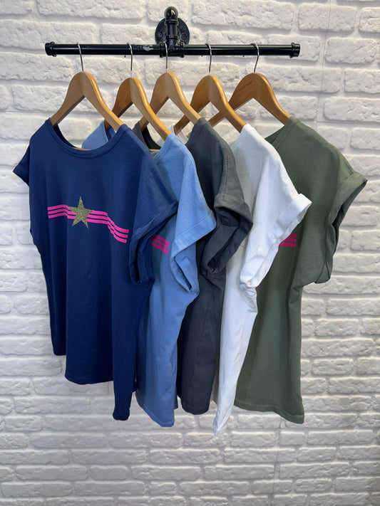 Navy With Pink Stripe & Star T Shirt